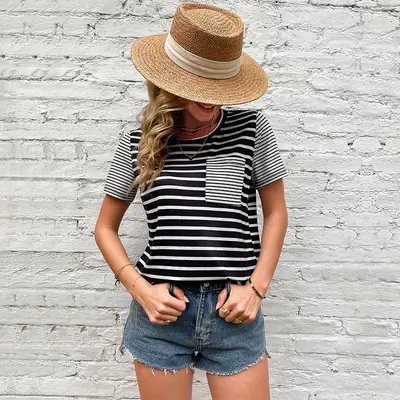 Women Striped T-Shirt Black Casual Loose Sleeve