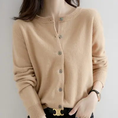 Women Round Neck Knit Cardigan Orange Loose Fit