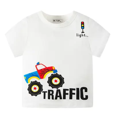 2026 Kids Cartoon Traffic T-Shirt Set Blue White Cotton