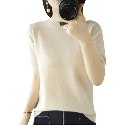 Women Blue Knitted T-Shirt Round Neck Short Sleeve