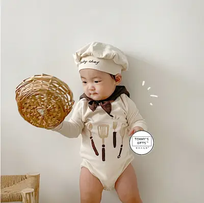 2025 Spring Baby Chef Jumpsuit White Bowtie Hat
