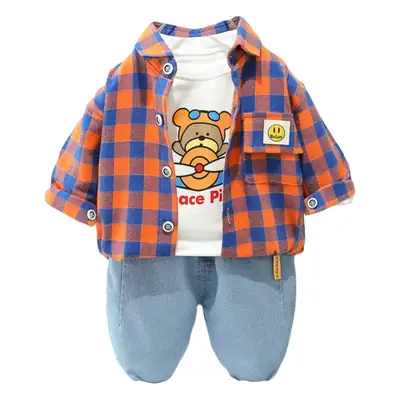 New Boys Plaid Cotton Trousers Set Hooded Shirt Three Piece
