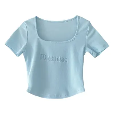 Black Letter Embroidered Low Cut T-Shirt with Square Collar