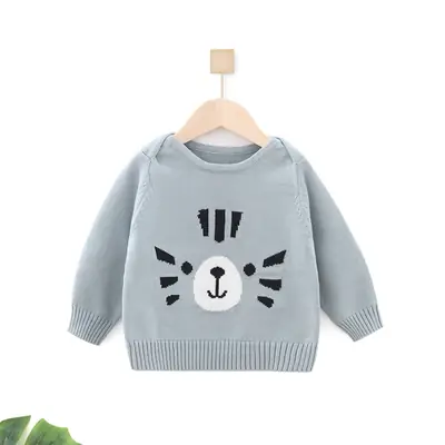 Kids Light Gray Cat Print Pullover Sweater