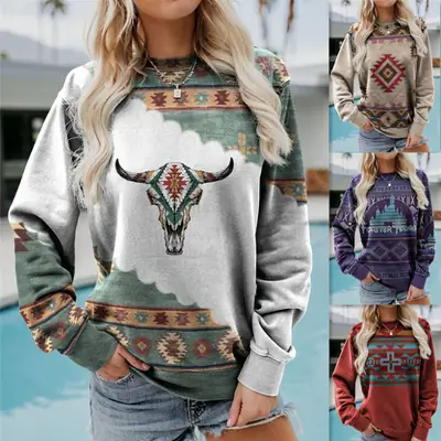 Western Style Long Sleeve Sweater Red Geometric Print