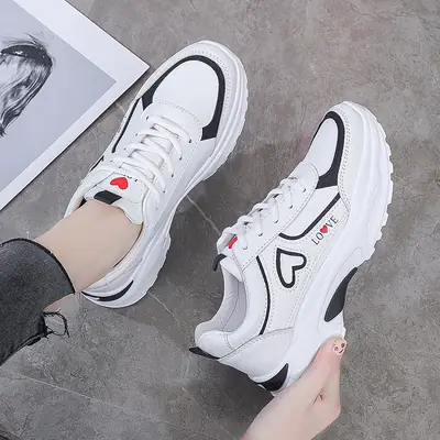 Women White Casual Thick Sole Sneakers with Heart Design