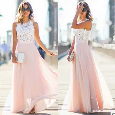 2020 Lace Chiffon Long Dress Pink White