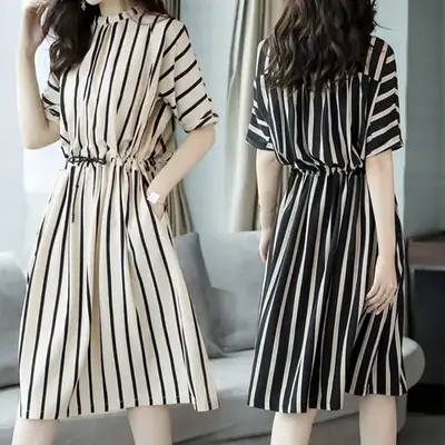 Women Striped Waist-Cinching Dress Summer 2025