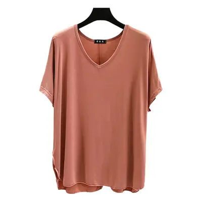 Women's Brown V-Neck Loose T-Shirt Short Sleeve