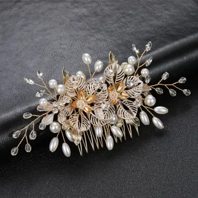Golden Pearl Crystal Hair Comb for Bridal Wear