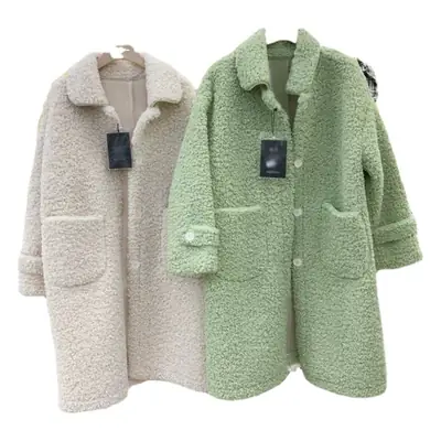 Faux Lambs Wool Women's Green Overcoat Yellow