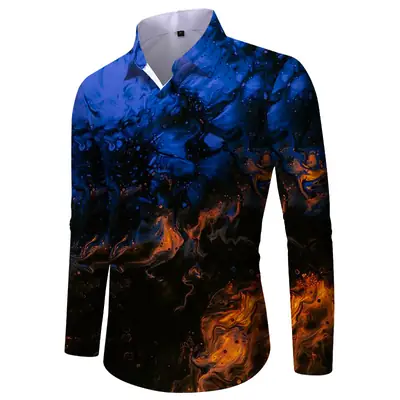 Men Digital Print Long Sleeve Shirt Blue Orange