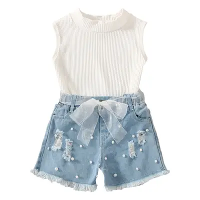 Girls White Cotton Top Denim Shorts Set with Bow