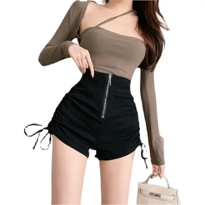 Women's High Waist Zipper Shorts Black Drawstring