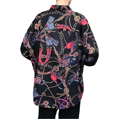 Hong Kong Style Men Long Sleeve Printed Shirt Black