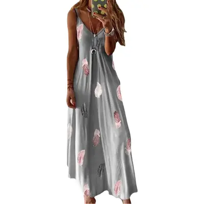 2023 Sleeveless Feather Print Low Cut Skirt Set