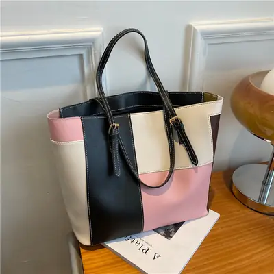 Cross-Border Korean Style Contrasting Color Large Tote Bag for Women