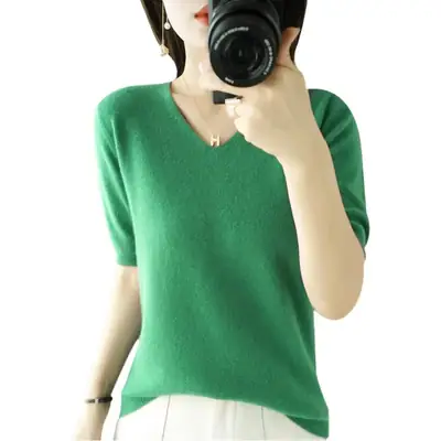 Blue V-Neck Knitted Women's Short Sleeve Pullover