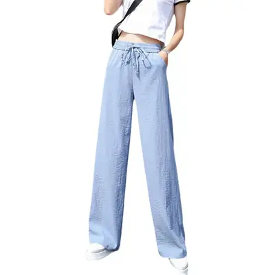 Wide Leg Ice Silk Pants Light Blue Women