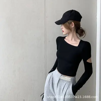 Black Long Sleeve Cropped T-Shirt Women Spring Autumn