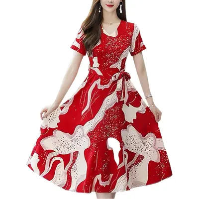 Red Printed High Waist Summer Dress for Women