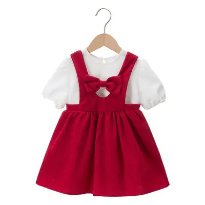 Maixiu Girls Red Bow Puff Sleeve Dress Two-Piece Suit