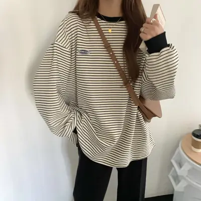 Women Striped Long Sleeve T-Shirt Korean Style Loose Fit