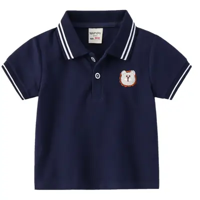 Kids Blue Polo T-Shirt with Cartoon Embroidery