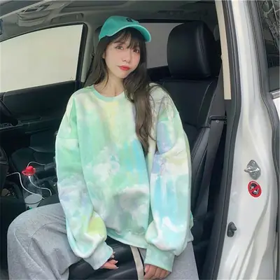 Women Tie-Dye Fleece Sweatshirt Long Sleeve Crewneck Large