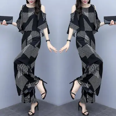 2023 Korean Style Women's Black Geometric Two-Piece Suit