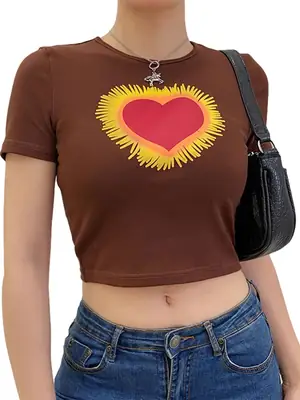 Women Love Print Harajuku Top Shirt Brown Short Sleeve
