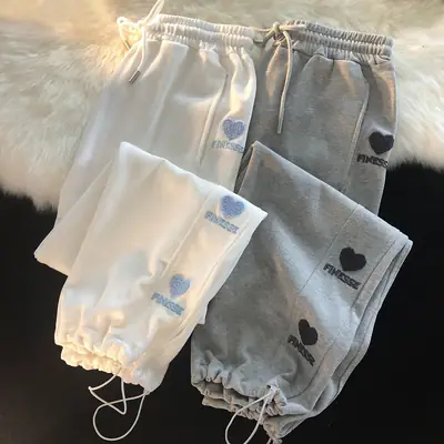 Women's Black Fleece Embroidered Sweatpants High Waist Wide Leg