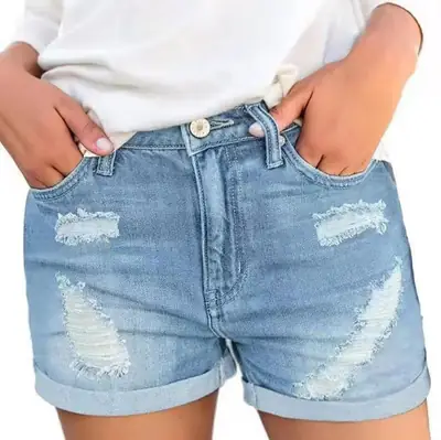 Women Denim Shorts with Cross-Country Flanged Holes