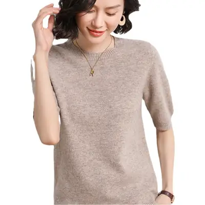 Women Grey Knitted Round Neck Pullover Short Sleeve