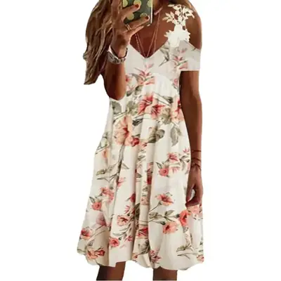 2023 Women's White Feather Print Summer Dress
