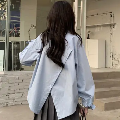 Women Korean Style Light Blue Split Shirt Spring Autumn
