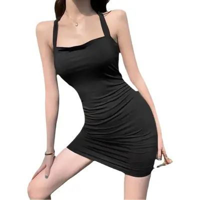 Women's Black Neck Hanging Strap Dress Tight Hip Skirt Summer 2023