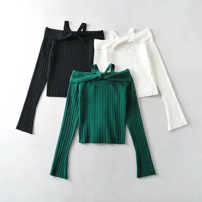Women Neck Collar Slim Sweater Set Black White Green