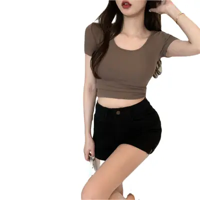 Women Black Crop Top Short Sleeve 2025
