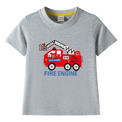 2022 Kids Fire Engine T-Shirt Orange Cotton Round Neck Short Sleeve