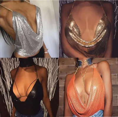 European American Export Backless Metal Sequin Chain Vest Deep V Navel Baring