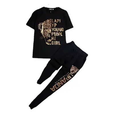 Black Graphic Women's Summer Suit with Gold Chain & Leopard Print