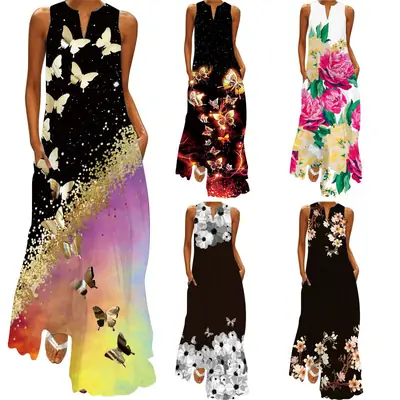 Women Sleeveless V-Neck Dress Brown Floral Butterfly Print