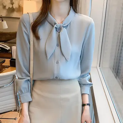 Women Chiffon Bow Tie Shirt White Long Sleeve