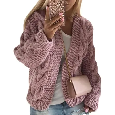 Women Chunky Cable Knit Sweater Winter Cardigan Top
