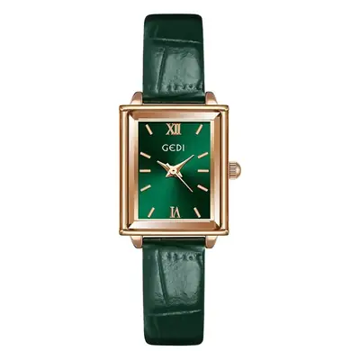 Gold Square Plate Women's Green Belt Quartz Watch
