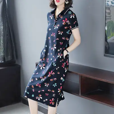 Women's Butterfly Polo Lapel Midi Dress Large