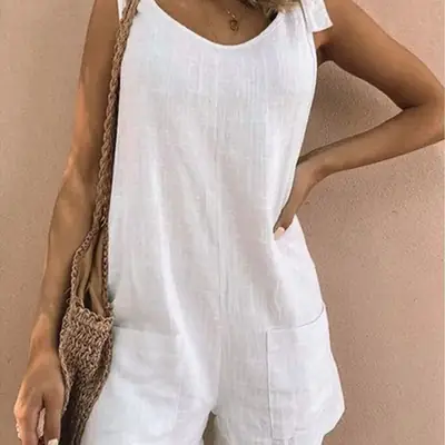 Women Cotton Linen Patch Pocket Jumpsuit Coral