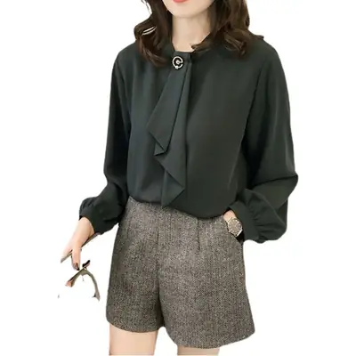 Women Chiffon Long Sleeve Shirt Brown Large