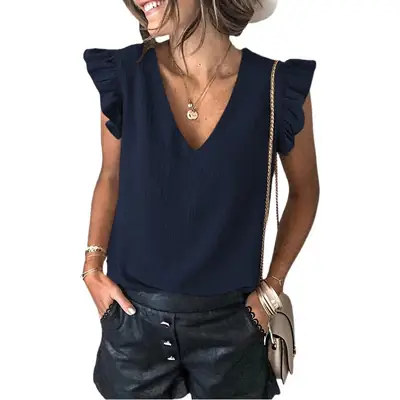Women V Neck Ruffled Sleeve T-Shirt Pure Color 2025